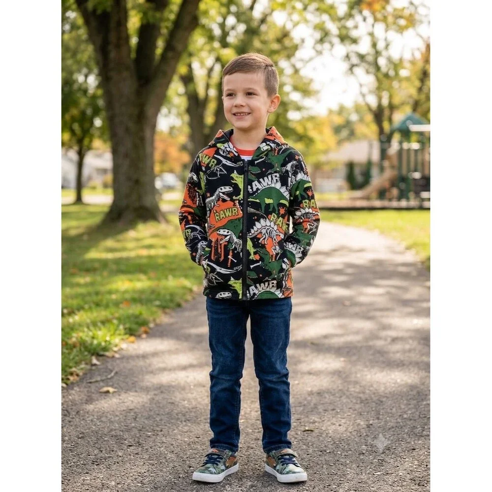 NWOT JOMAKE Boys Dinosaur Full Zip Windbreaker Jacket Size 130 S 7-8